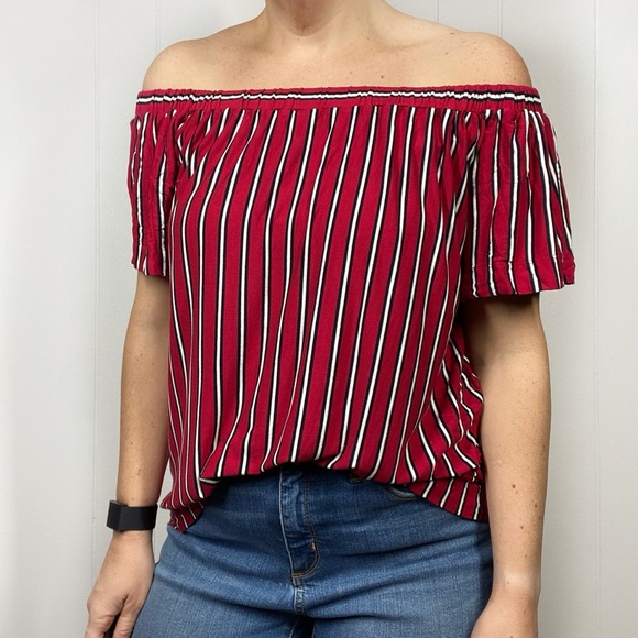 Loft Red, black & white stripe off Shoulder Top - Picture 1 of 8